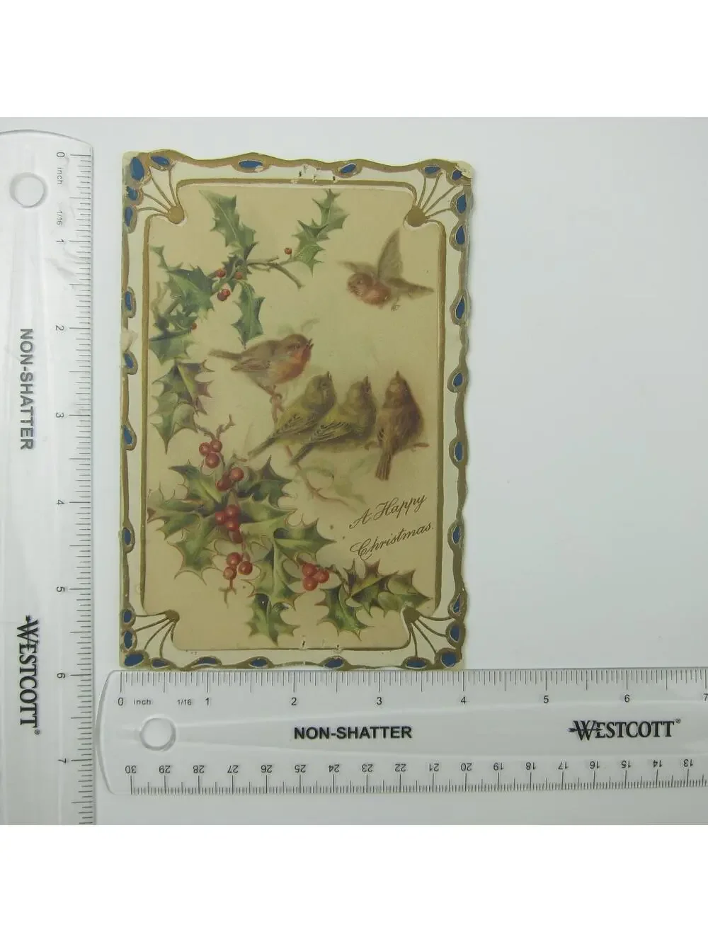 Antique Christmas Card Birds Tree Branch Holly Berries Embossed Bifold UNSIGNED